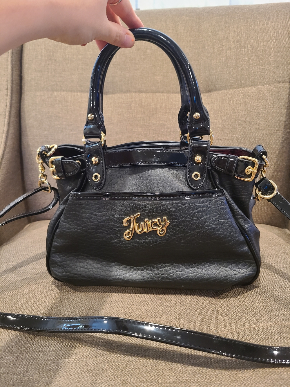 Vintage Y2K Juicy Couture Black Faux Leather Satchel Handbag